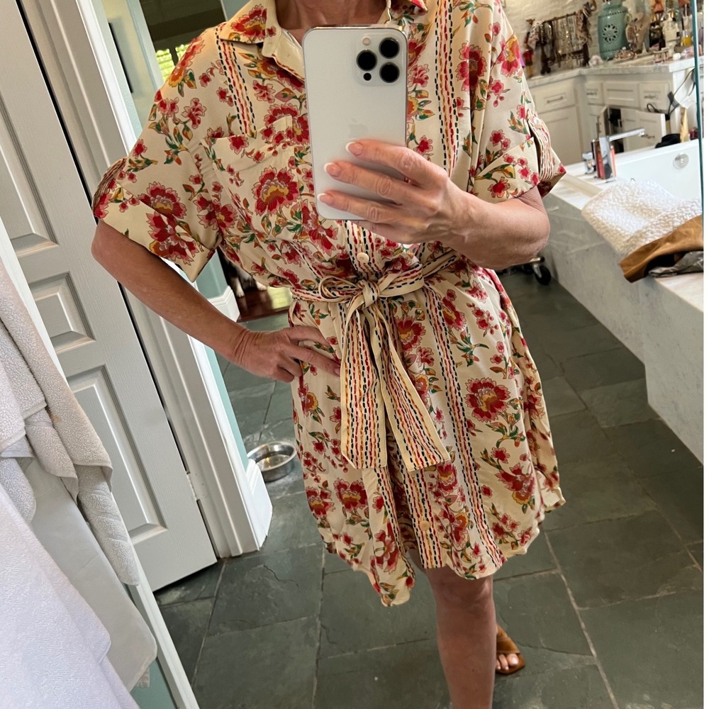 Sezane Ana Dress Fiori Rossi Floral Embroidered Shirt Dress Belted Cream Size 36 - Picture 9 of 10